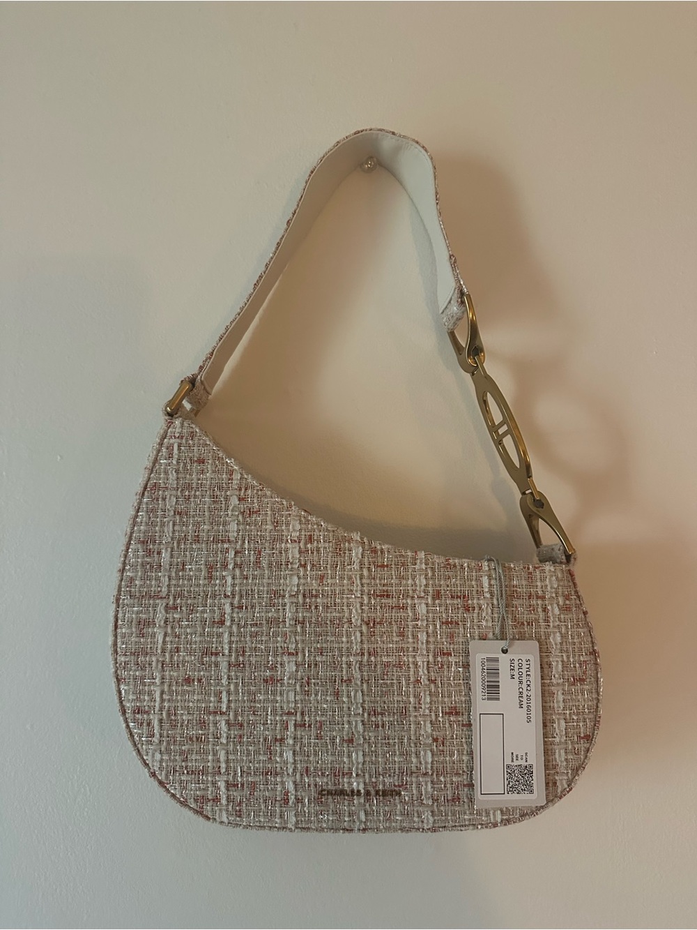 Charles & Keith Tweed Shoulder Bag in Beige-Pink with Gold Hardware